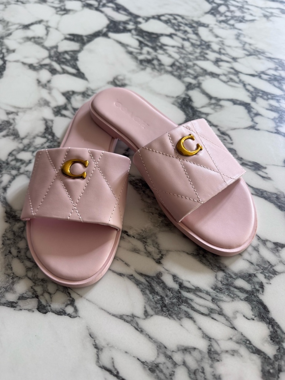 Coach Pink Quilted Slide Sandals with Gold C Logo